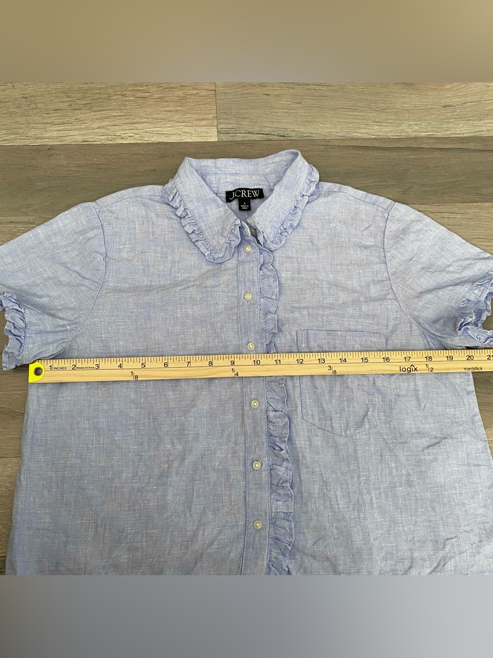 J. Crew 100% Linen Ruffle Trim Button Down Shirt Womens Small Blue Short Sleeve - Picture 6 of 7